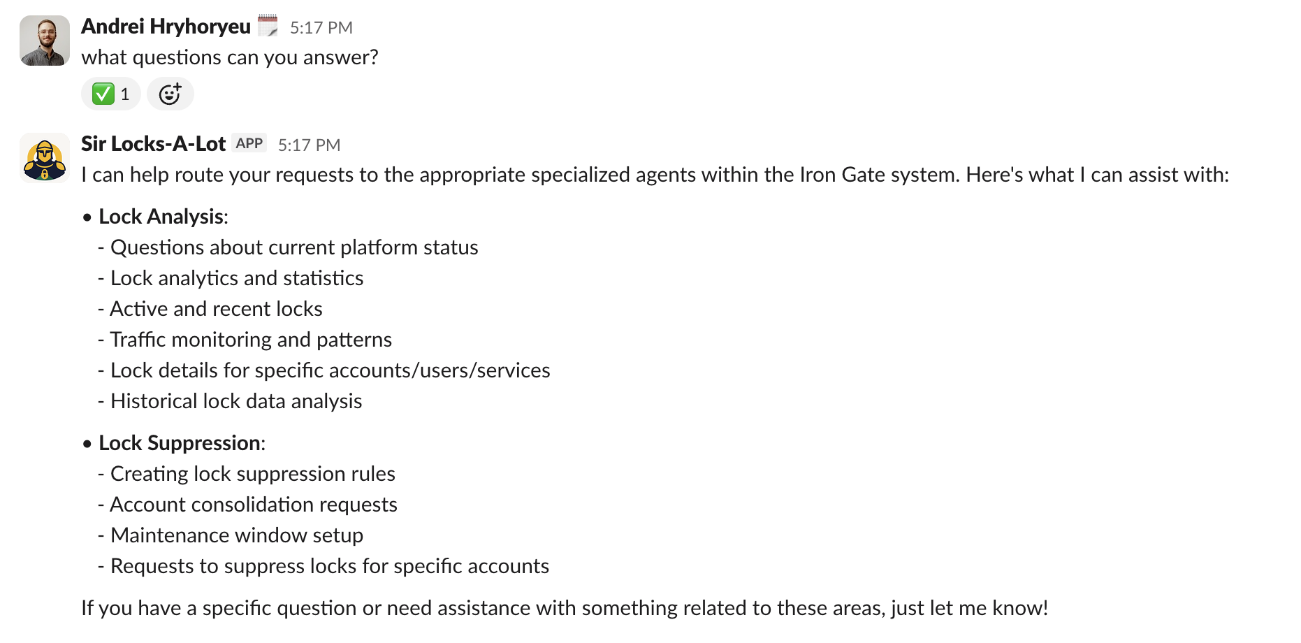 Screenshot of a Slack conversation where a bot named “Sir Locks-A-Lot” explains the types of questions it can answer about lock analysis and lock suppression.