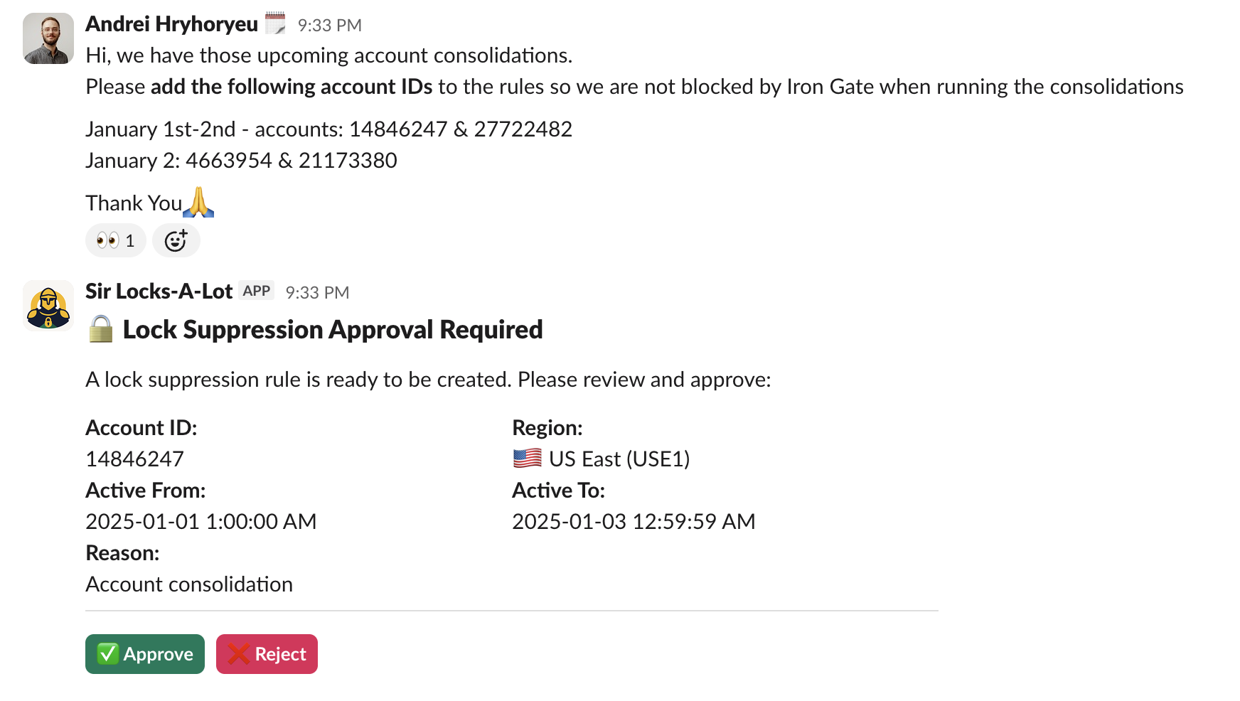 Screenshot of a Slack conversation where a user requests account consolidation lock suppression and a bot responds with a “Lock Suppression Approval Required” message showing account details and approve/reject buttons.