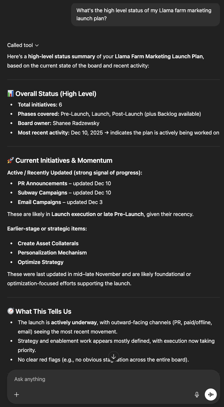 Before MCP Apps: Wall of text describing project status
