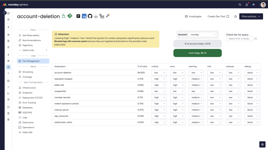 The image shows a screenshot of the Log Management feature in Observability Guard. Shows a couple of different subsystems for which a different tiers can be chosen based on their log level.