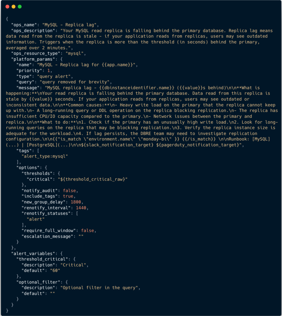 Screenshot of a JSON file, which is a template for the monitors created by Observability Guard. 